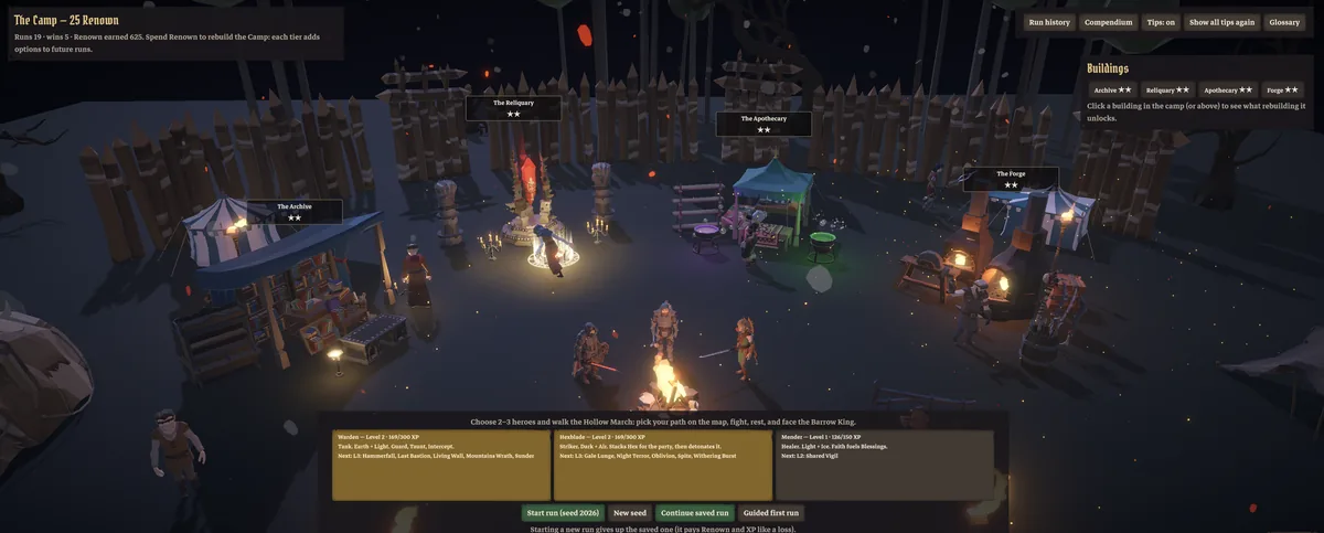 The Camp at night: three heroes around the campfire, surrounded by the Archive, the Reliquary, the Apothecary and the Forge.