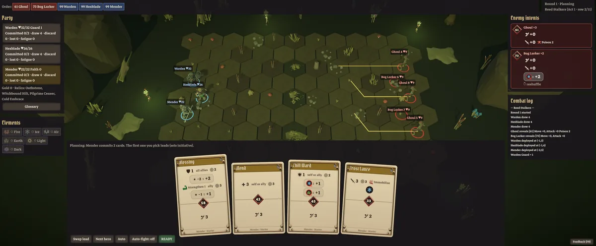 A fight on the hex grid: the Warden, Hexblade and Mender face Ghouls and Bog Lurkers, with the Mender's cards in hand and the enemies' intents on the right.