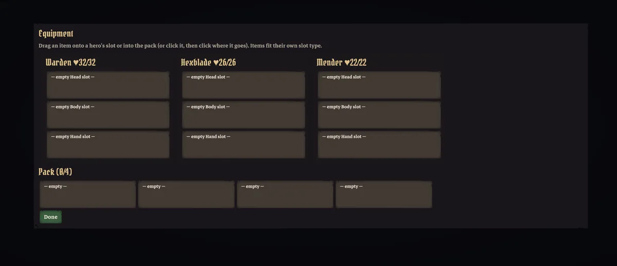 The equipment screen: head, body and hand slots for each hero, plus a shared pack.